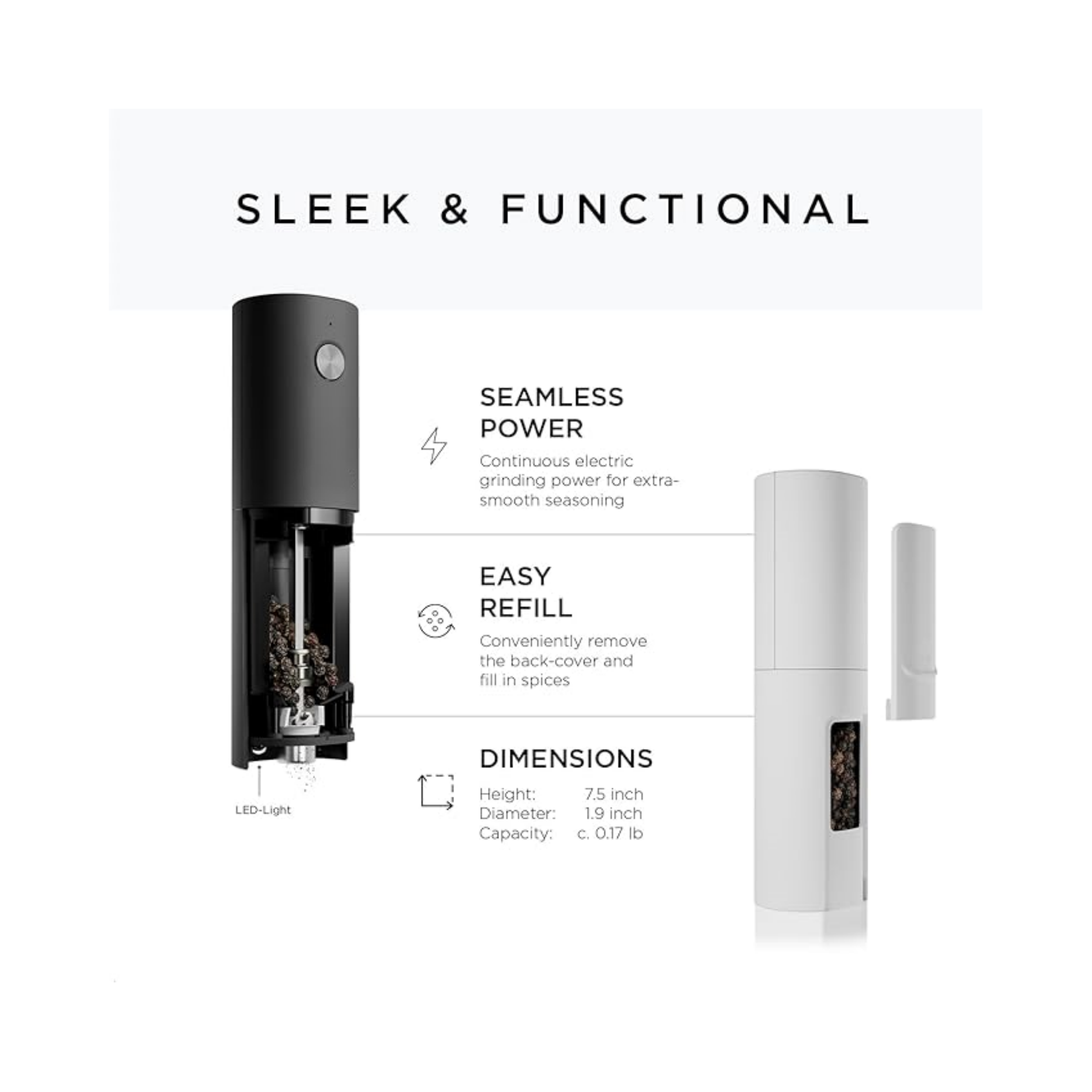 Electric Salt and Pepper Mill with Adjustable Ceramic Grinder